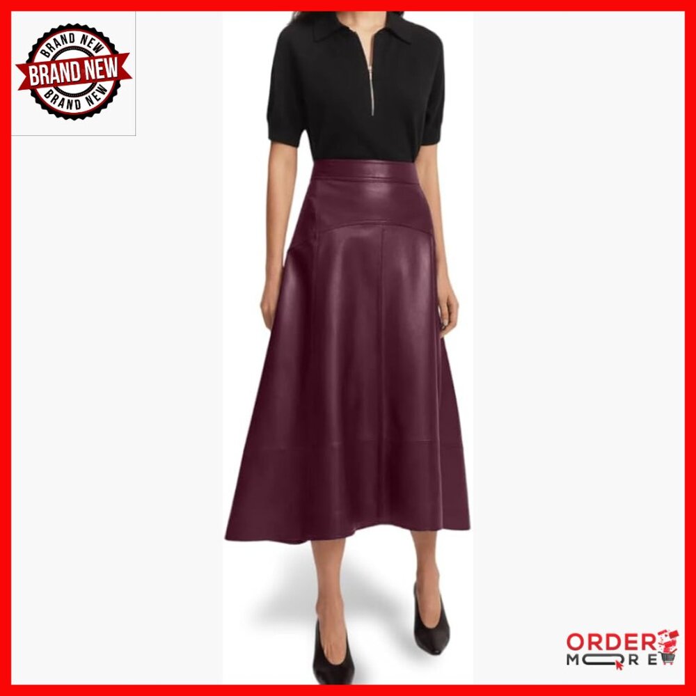 Genuine Leather A-Line Midi Skirt High Waist Patchwork Detail